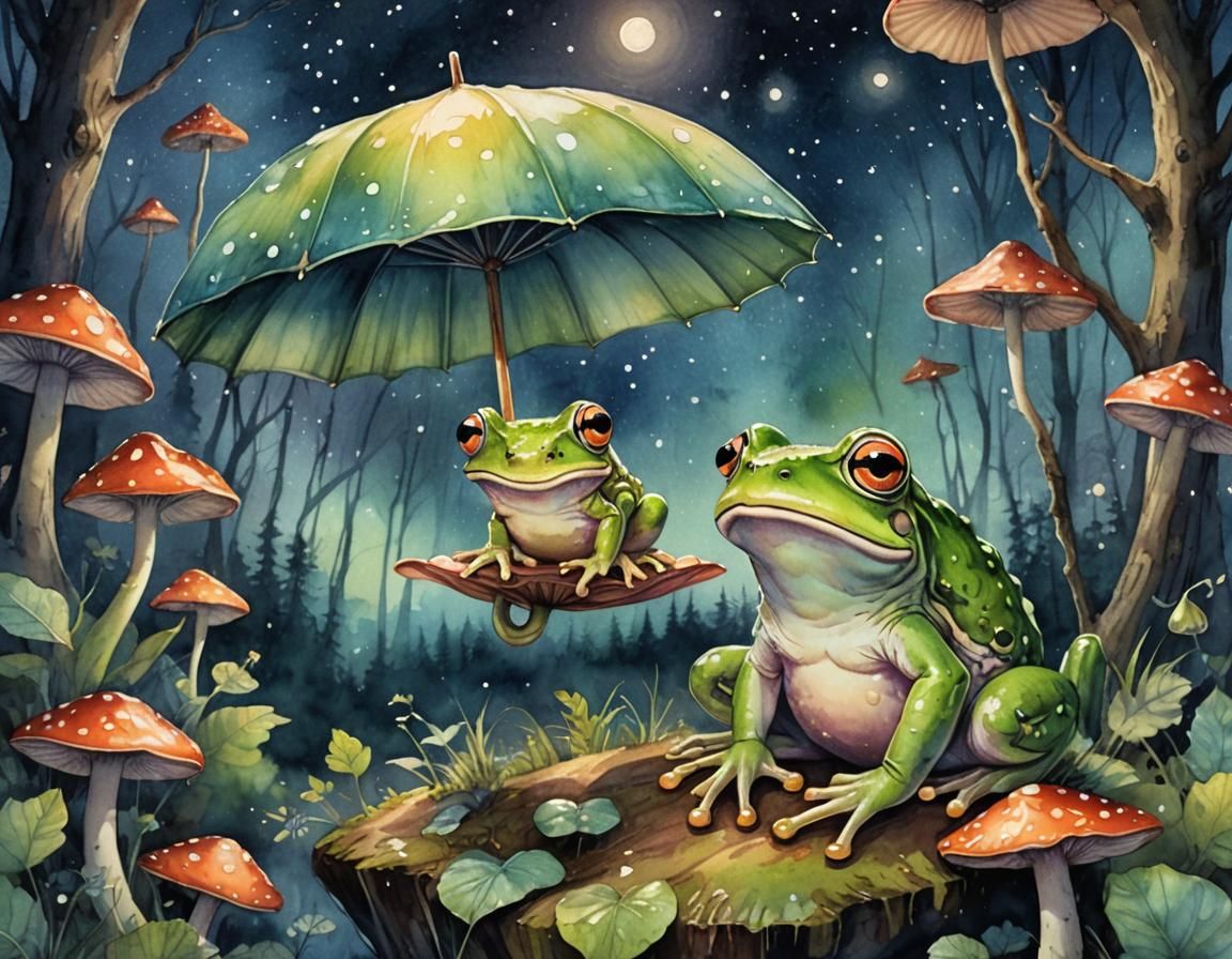 Frog Under Mushroom Umbrella in Watercolor Style