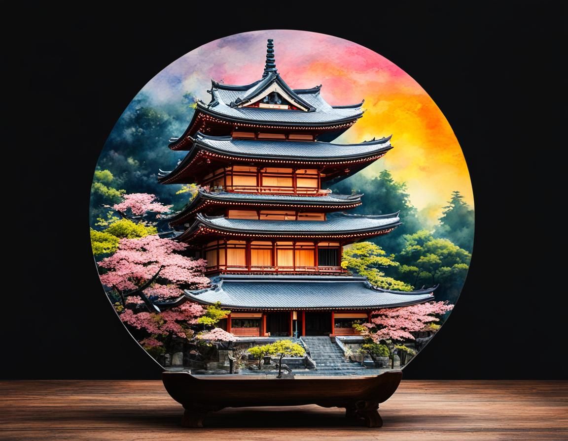 Cherry Blossoms and Temple in Watercolor Style