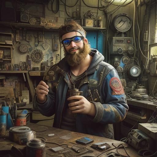 Psychedelic A ramshackle shop tucked away in a forgotten alley, overflowing with blinking circuits, mismatched wires, a...