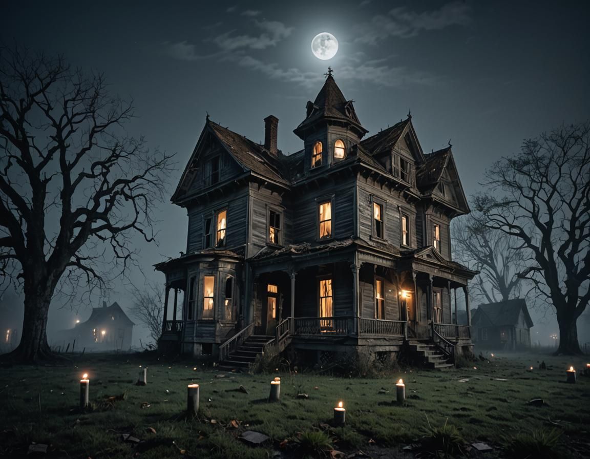 Eerie Haunted House with Floating Ghosts Photography