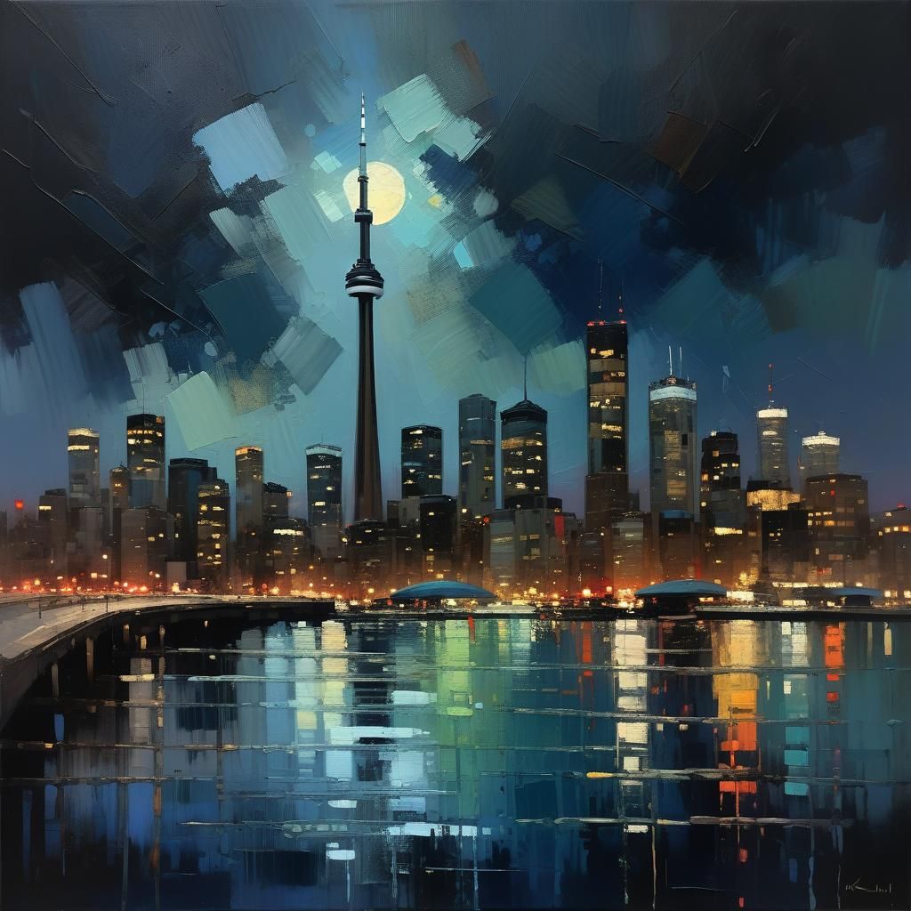 Toronto Skyline at Night: Impressionist Oil Painting