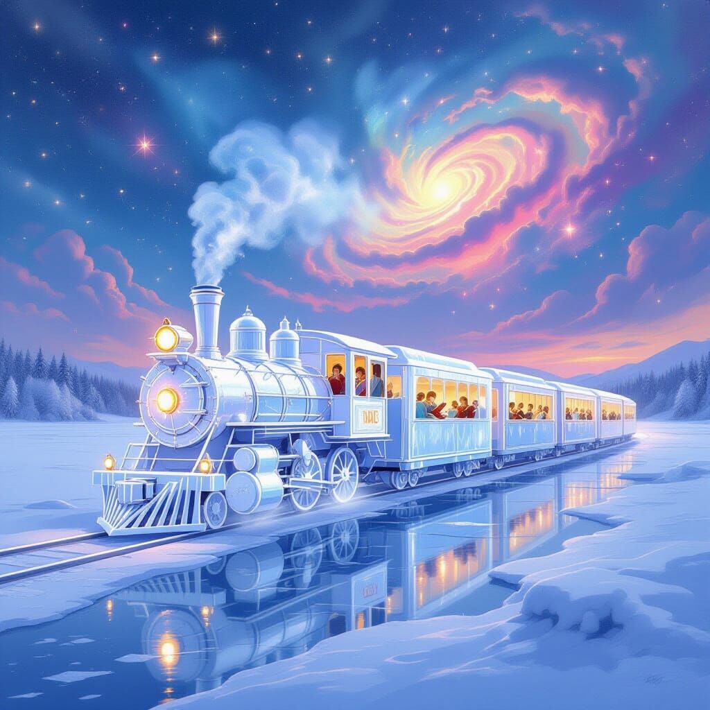 Ice Crystal Train Gliding Through Pastel Nebulae Sky