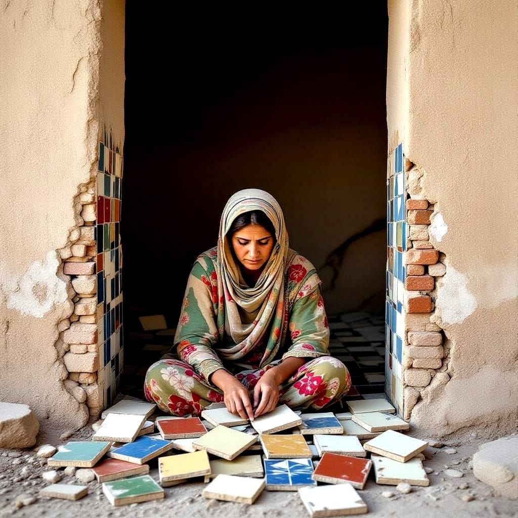 Afghan Woman Among Broken Tiles: Metaphysical Minimalism