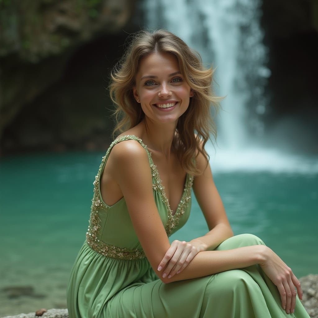 Serene Woman in Green Dress by Waterfall, Photorealistic Sty...