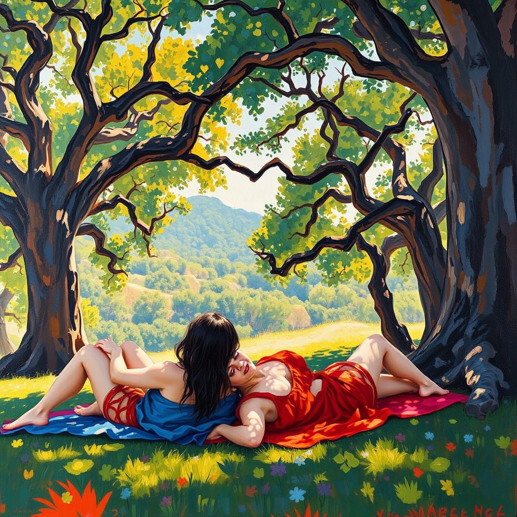 Gauguin-Inspired Women Bask in Dappled Afternoon Shadows