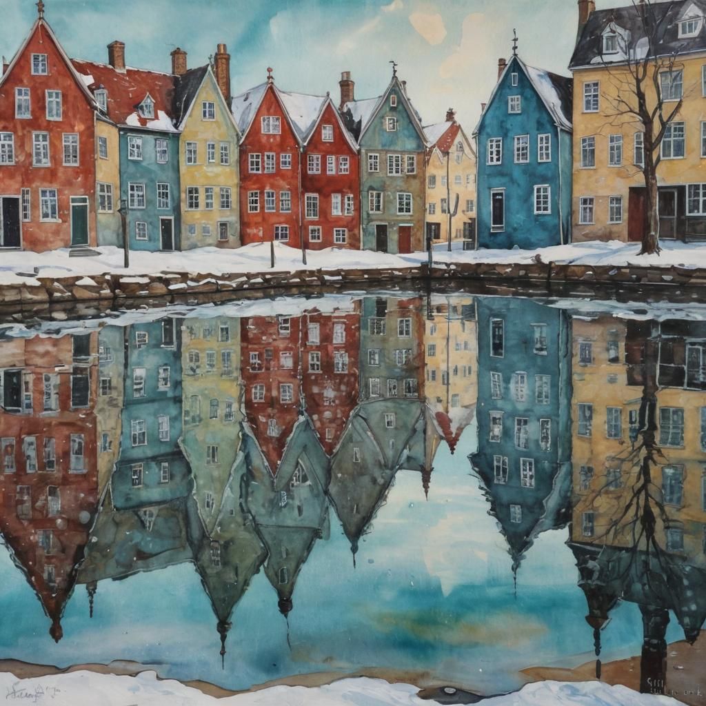 Danish City Street in Impasto Alcohol Ink Style