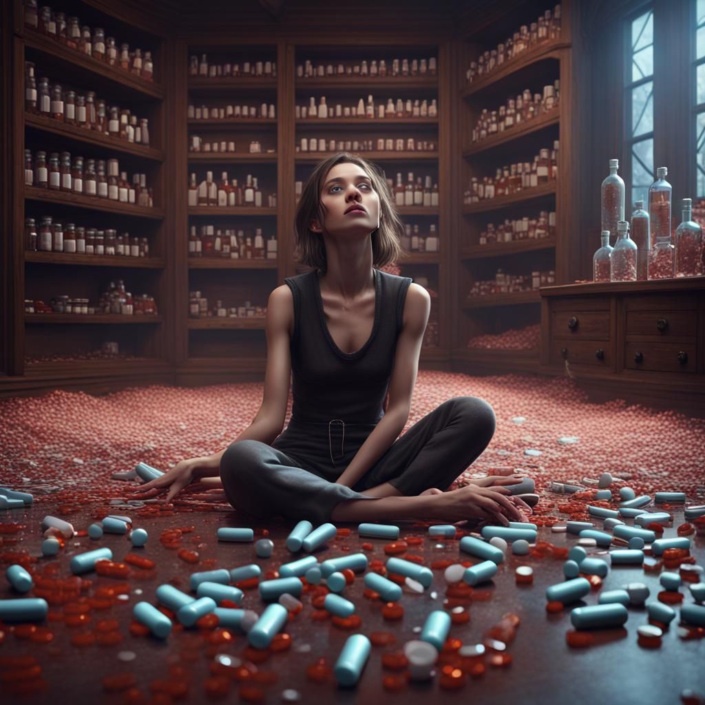 Girl Surrounded by Pills in Fantastical Matte Painting