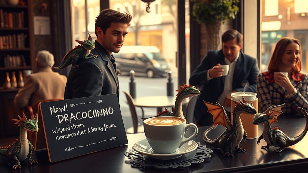 Whimsical Café Scene with Tiny Dragons