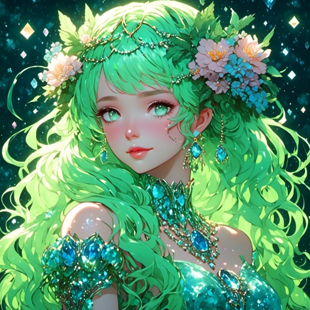 Radiant Green Goddess in Bioluminescent Forest
