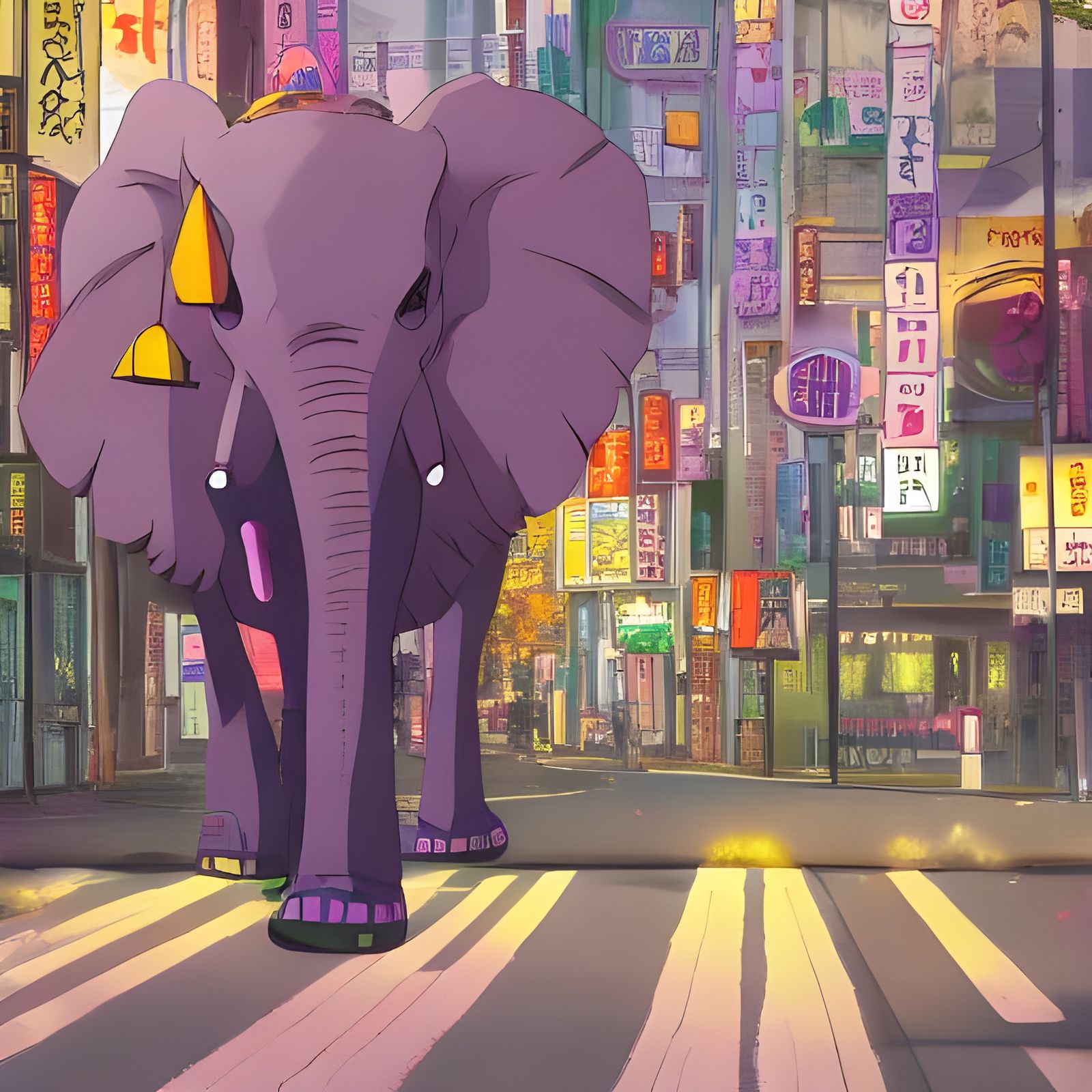 Purple Elephant in Tokyo Streets with Falling Pills