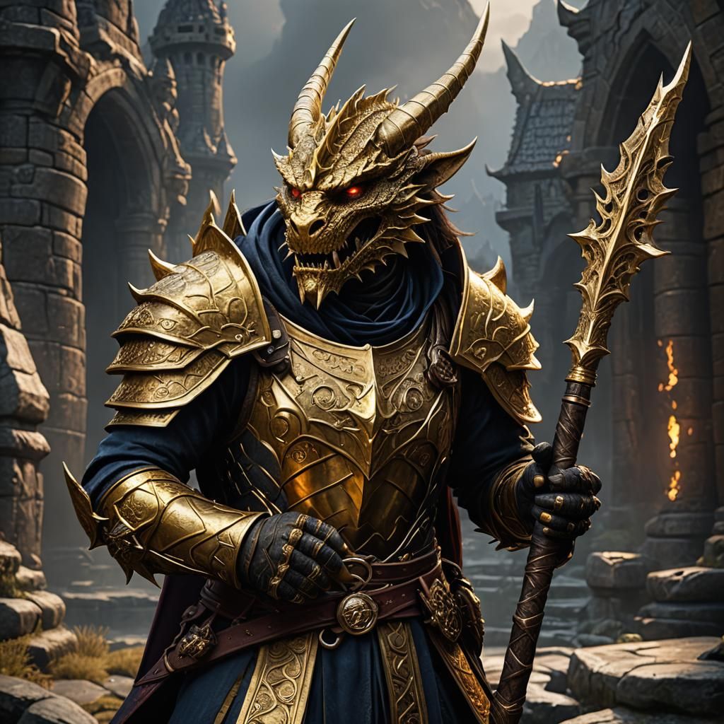 Gold Dragonborn Warlock with Quarter Staff, Fantasy Art