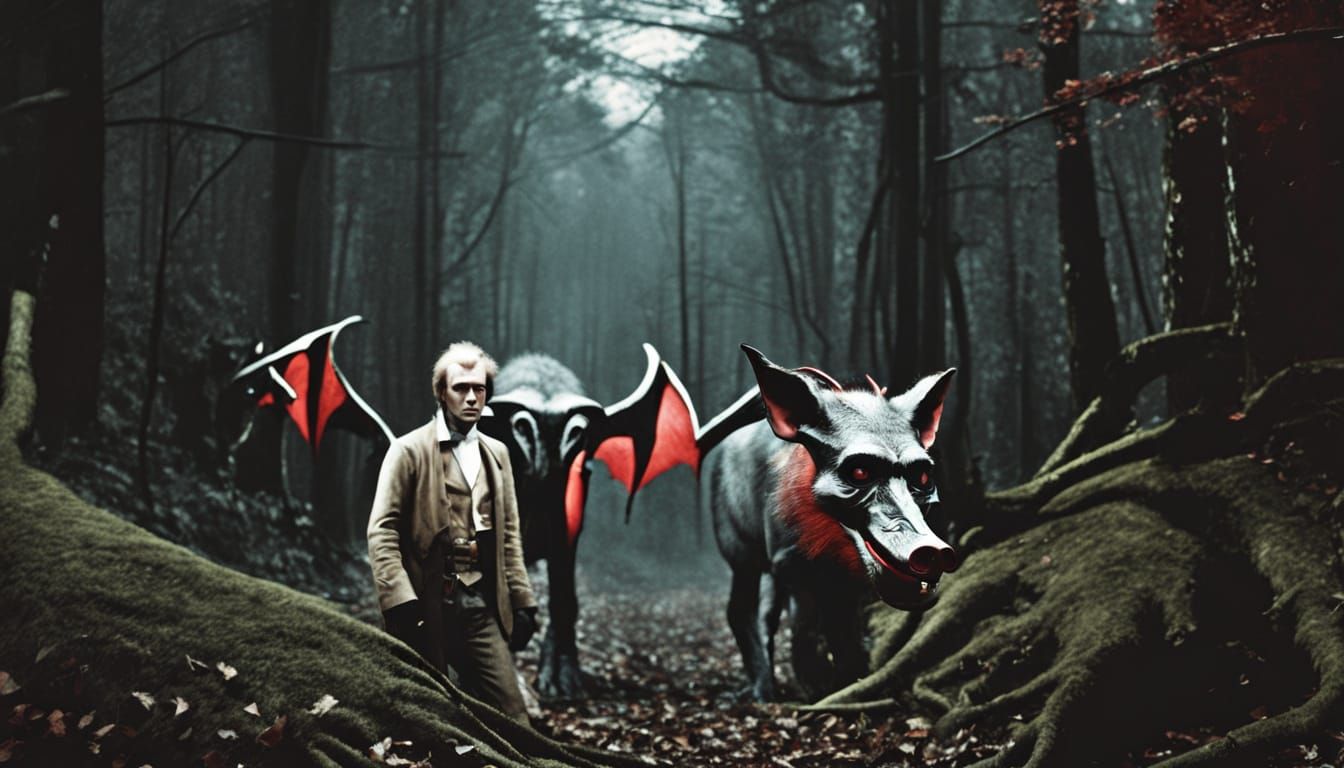 Monkey and Pig in Dark Forest Digital Painting