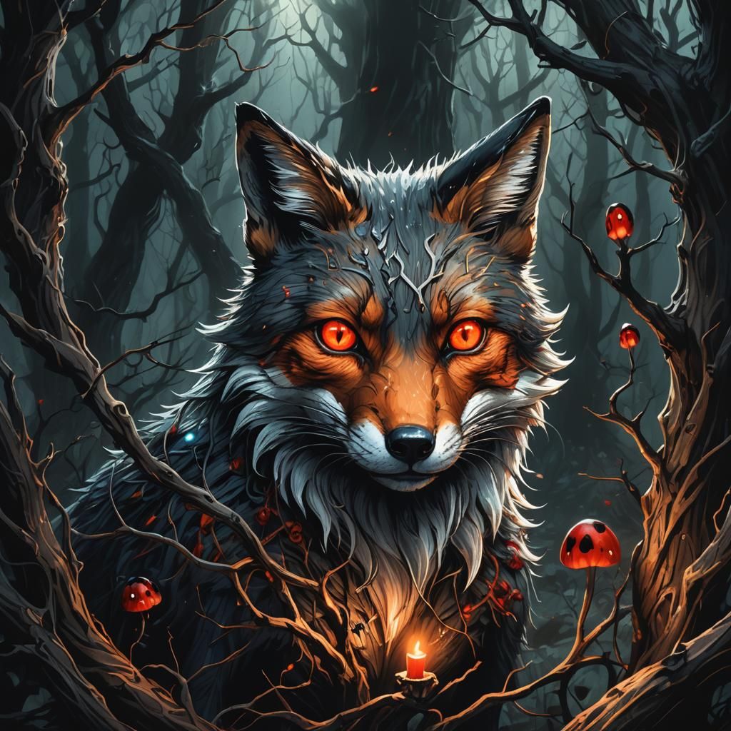 Fox and Ladybug Fusion in Dark Fantasy Art