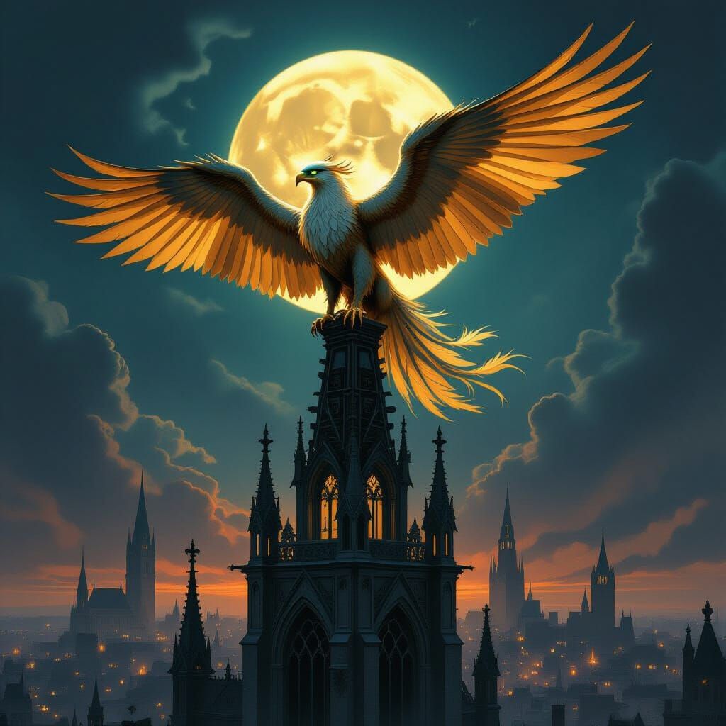 Golden Griffin on Gothic Spire Under Twin Moons