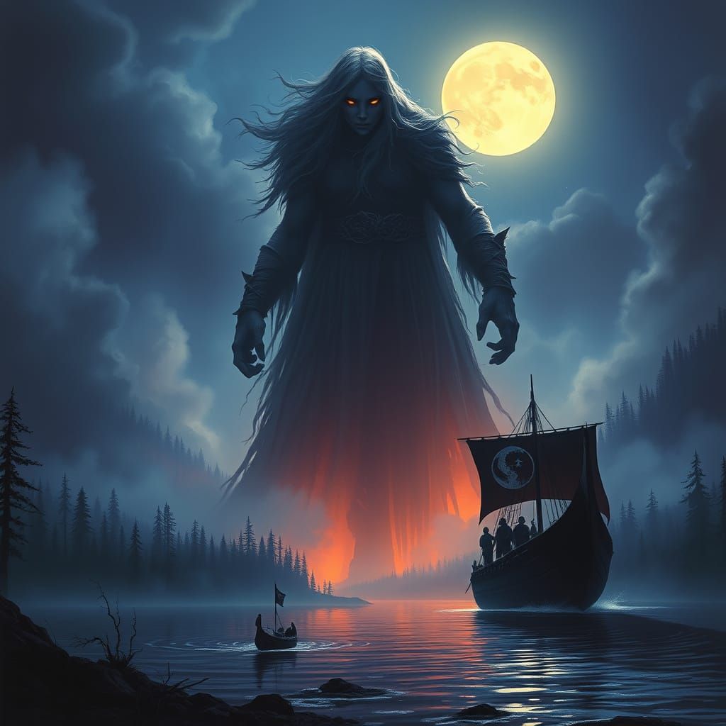 Giantess Emerges from Misty Forest in Dark Fantasy Style