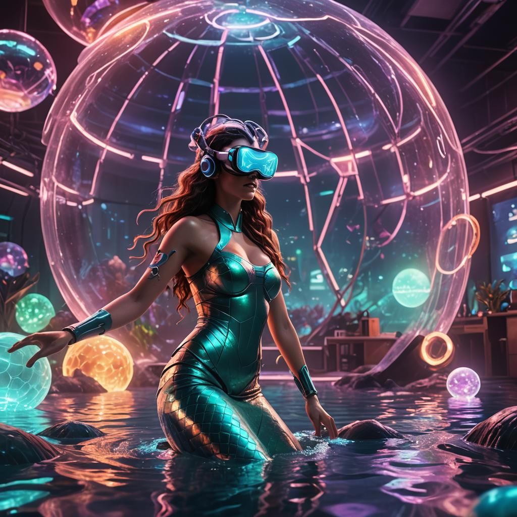 Futuristic Lab with Mermaid Performer in VR Sphere