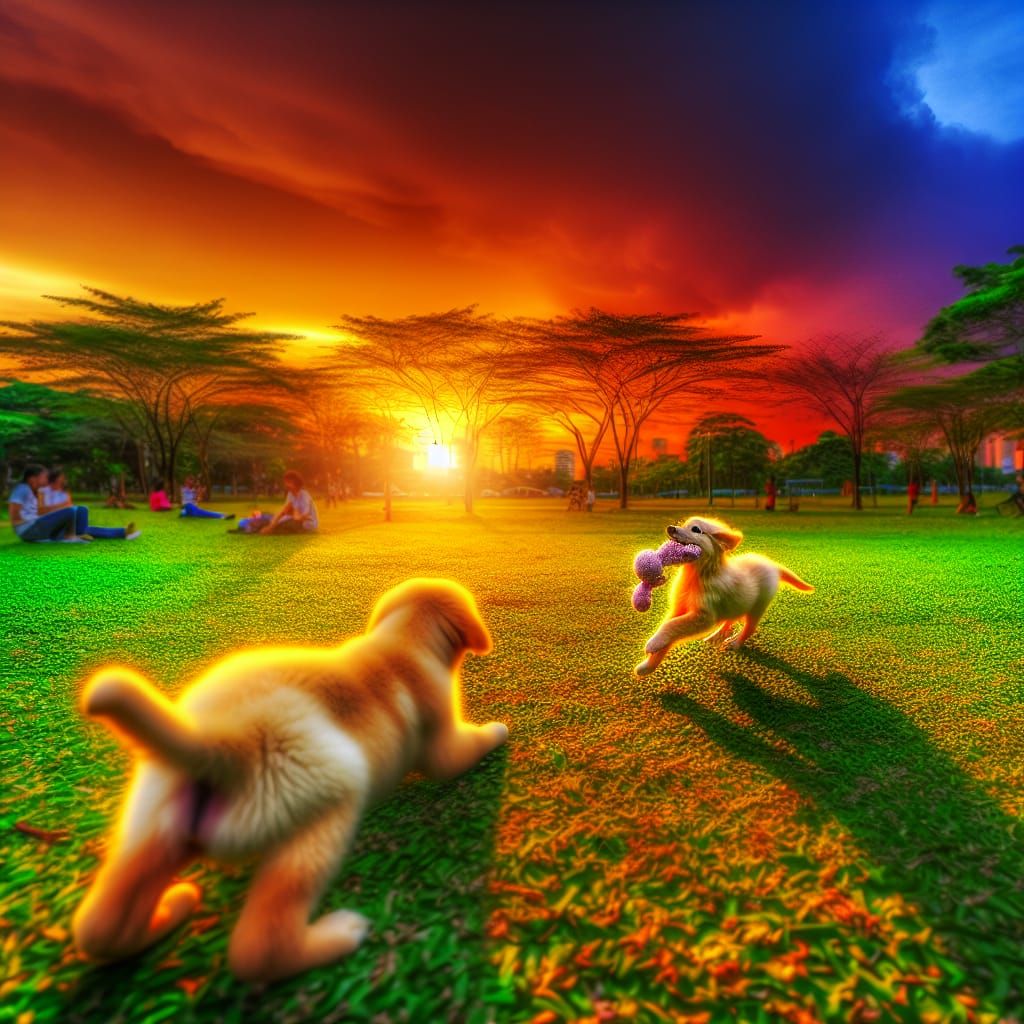 Hyperrealistic Sunset Park Scene with Golden Retriever