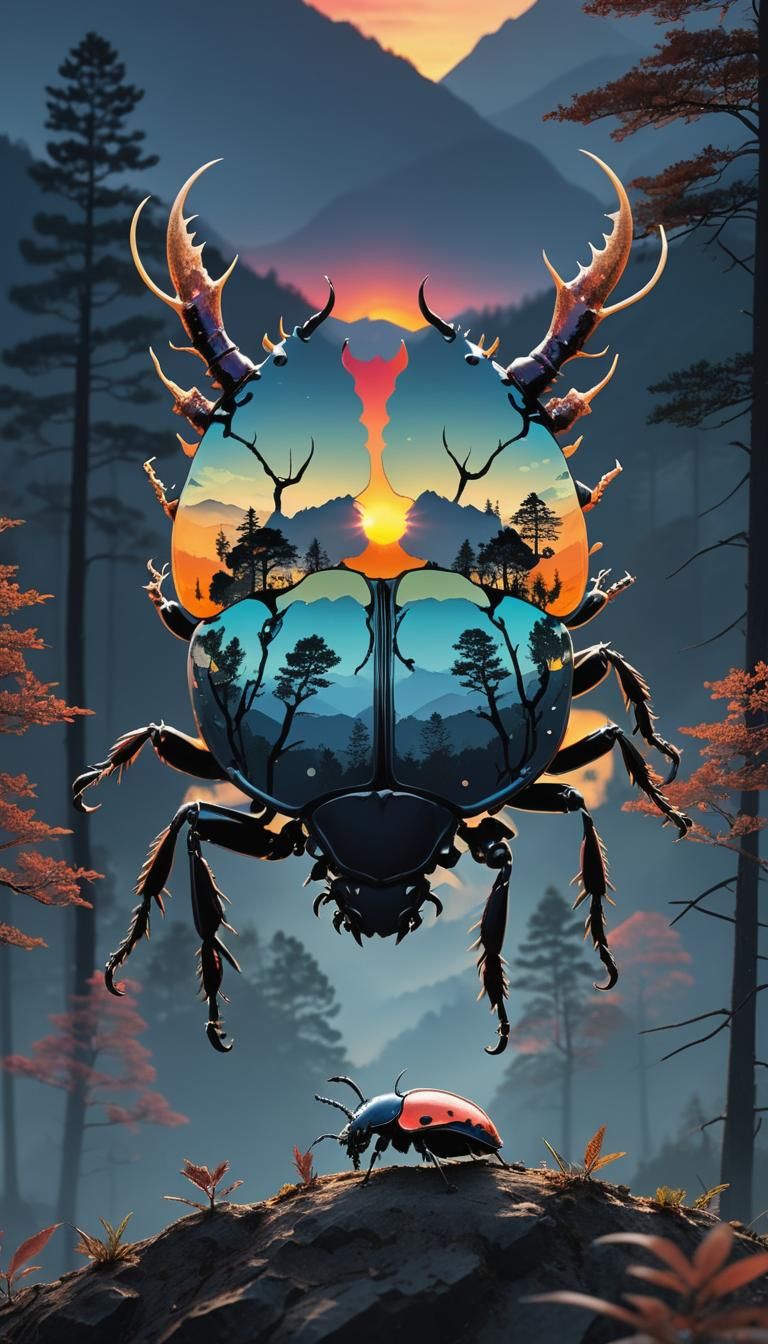 Beetle Silhouette Merged with Mountain Sunset