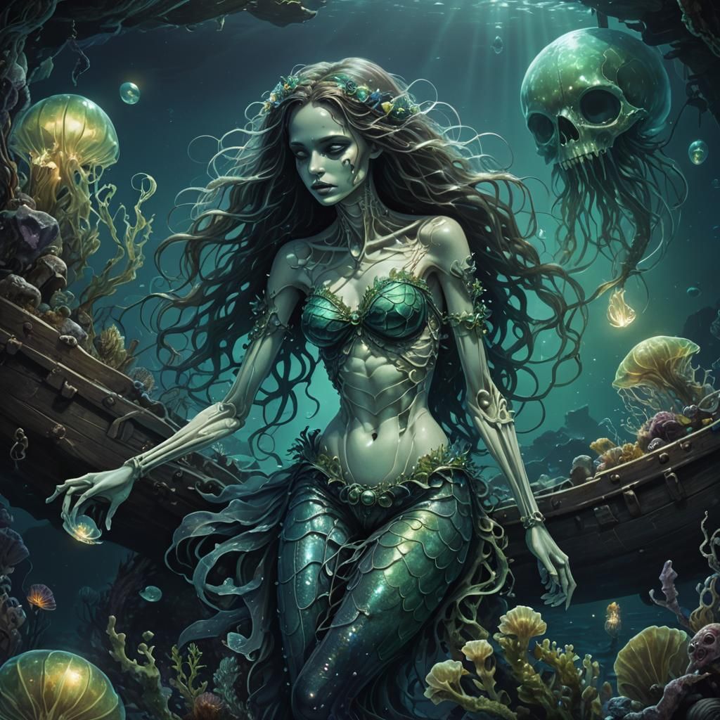 Eerie Skeletal Mermaid in Dark Fantasy Art