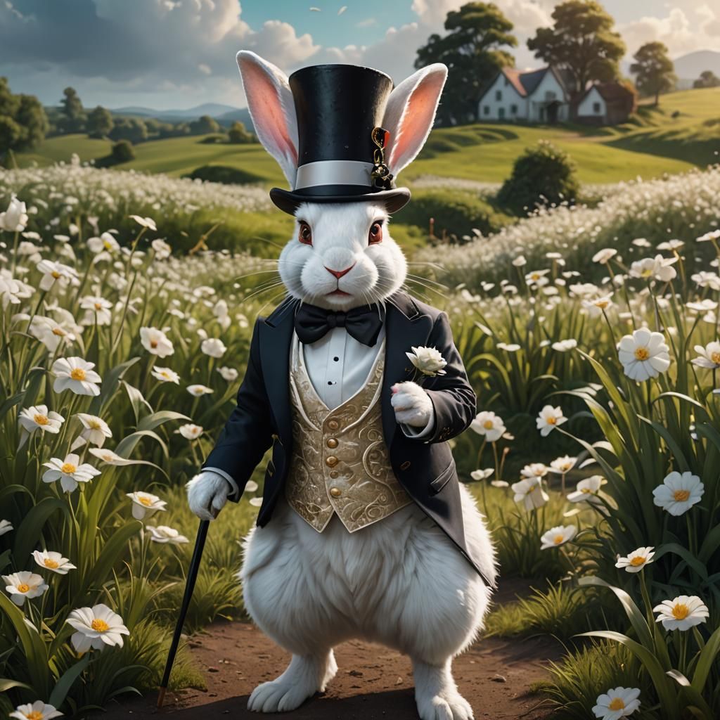 Rabbit in Tuxedo and Top Hat in Field