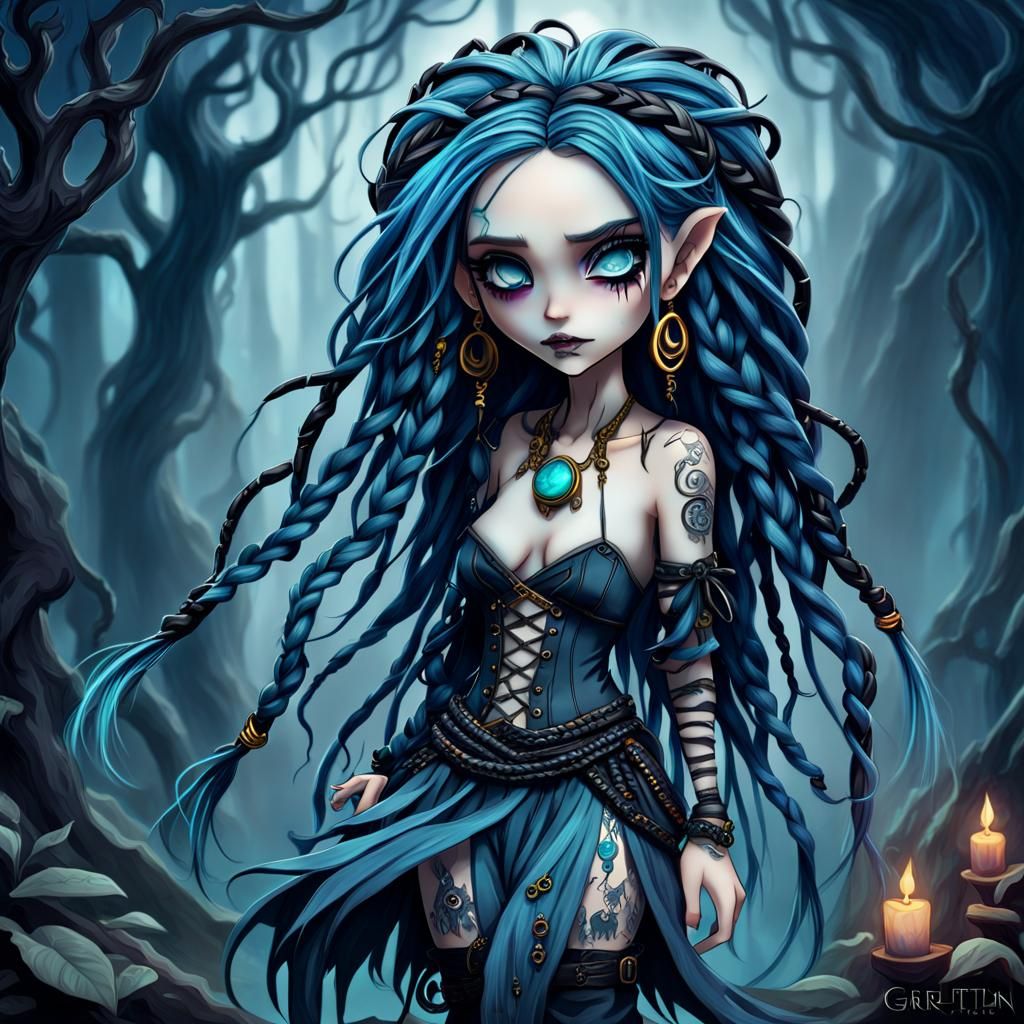 Detailed Chibi Witch with Blue Hair, Hyperdetailed Art