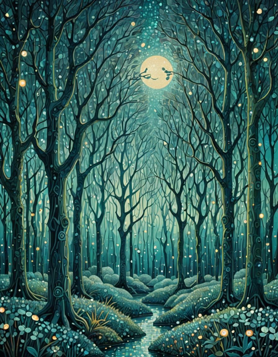 Aquamarine Forest at Dusk in Art Brut Style