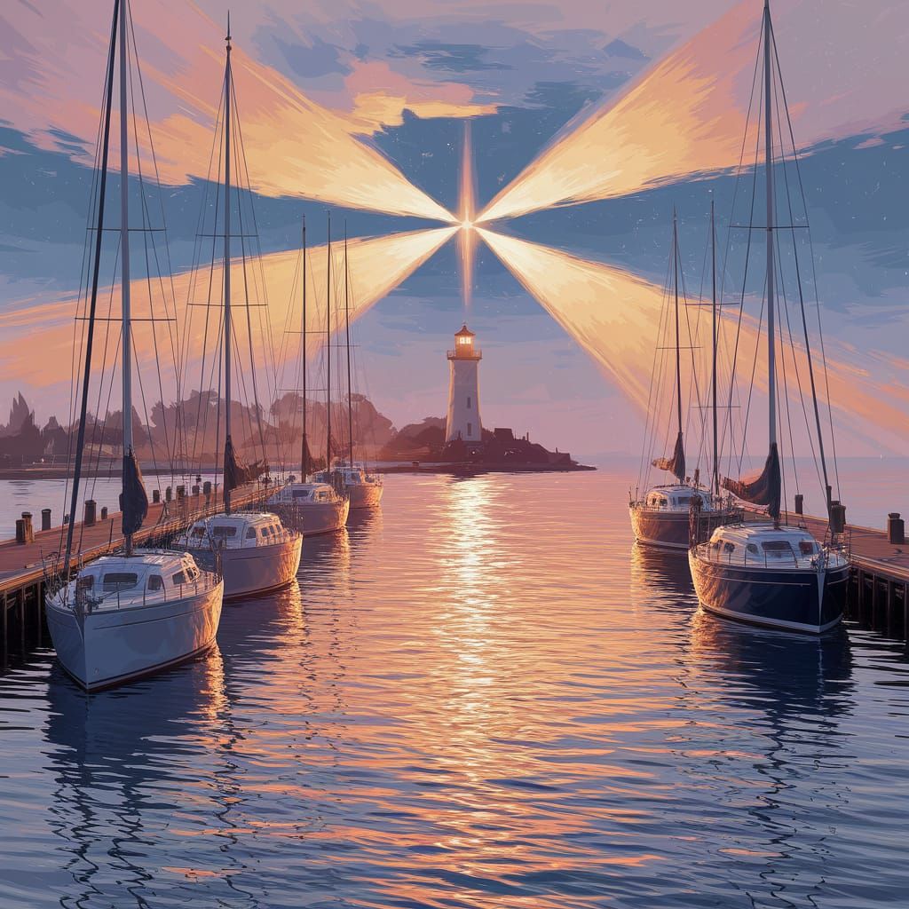 Impressionistic Harbour at Dusk: Sailboats Docked in Vibrant...