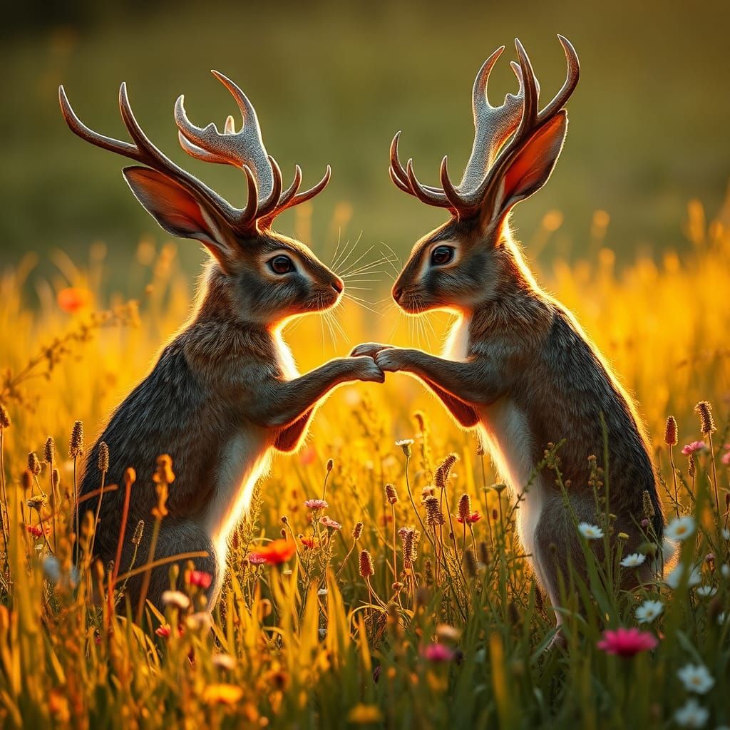 Jackalopes Boxing in a Golden Meadow