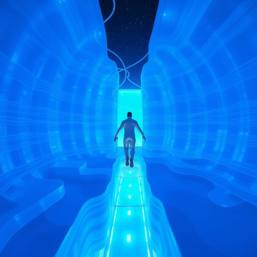 Surreal Cyberpunk Maze in Zero Gravity, Inspired by Syd Mead...