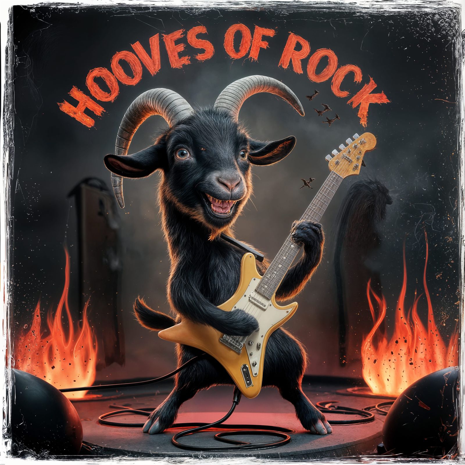 Goat Shreds Guitar in a Fiery Fantasy Art
