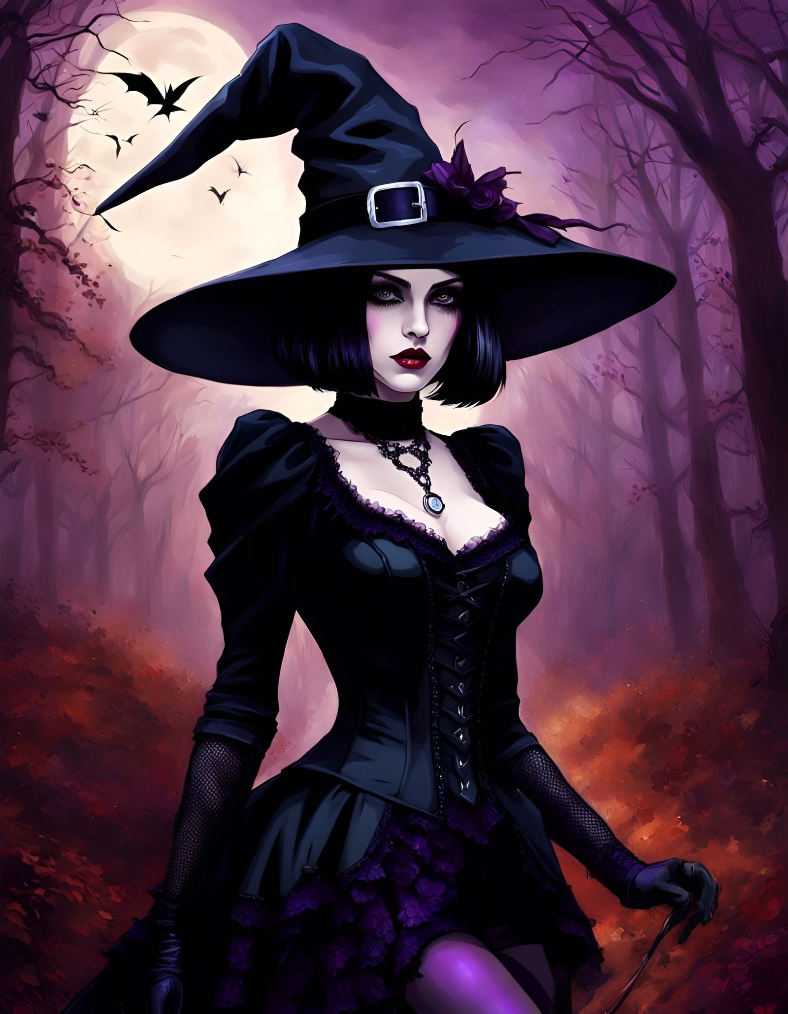 Beautiful Goth Witch with Purple Eyes in Dystopian Fantasy