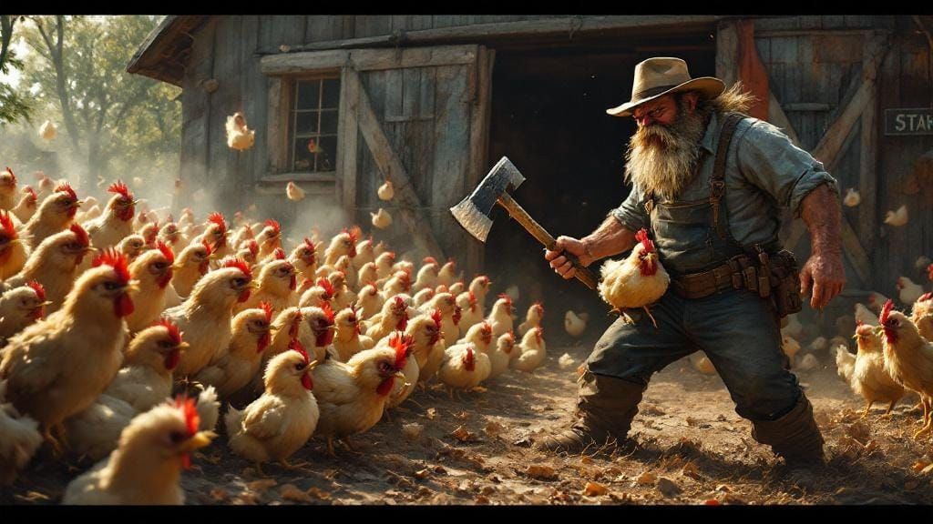 Grumpy Chicks Army Versus Farmer Standoff