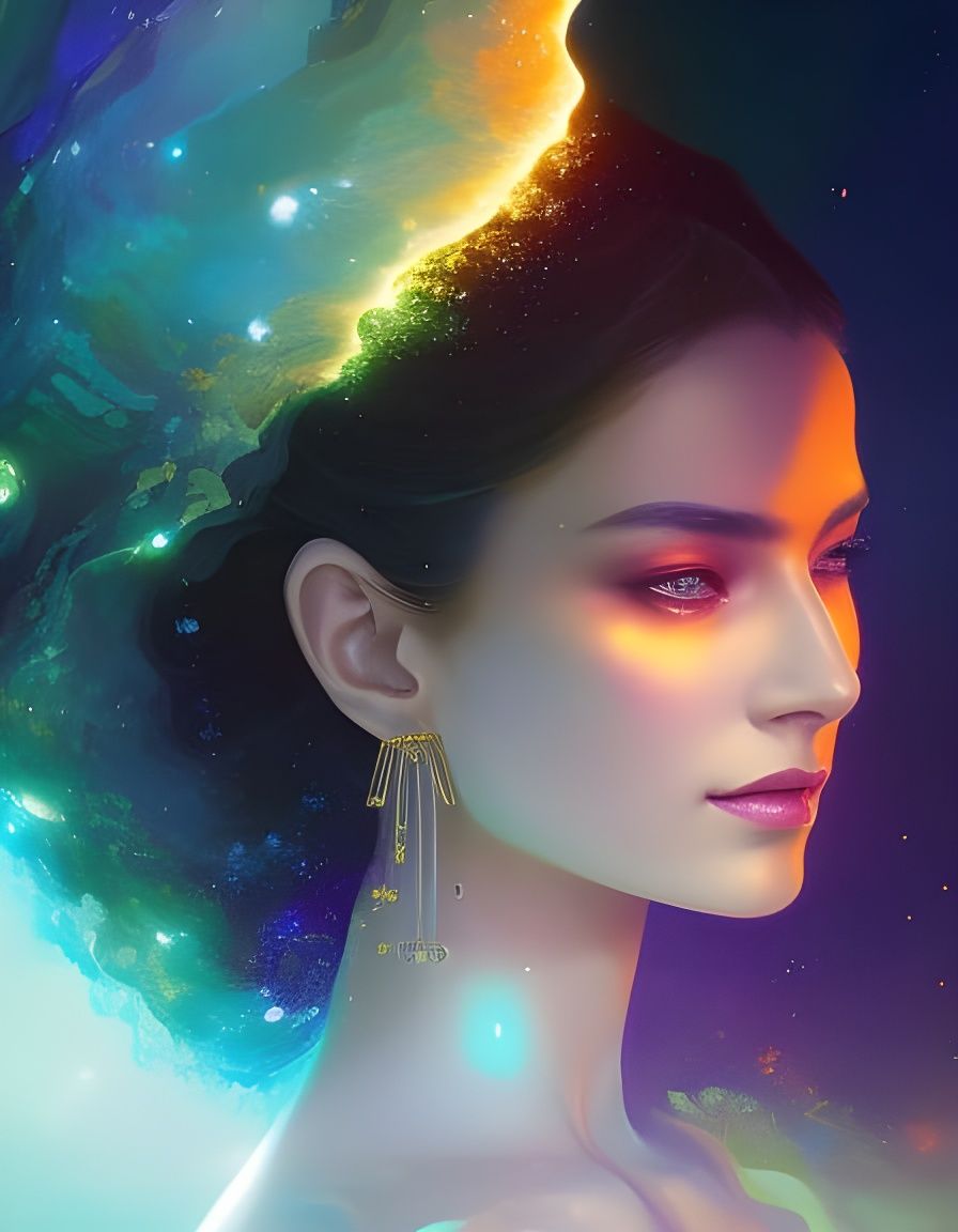 Bioluminescent Aura Portrait in Gouache Style