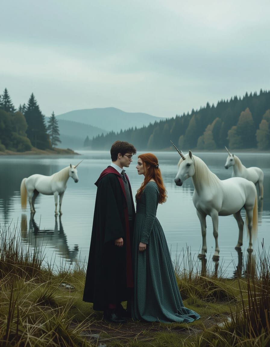 Harry Potter and Ginny Weasley by a Lake in Surreal Style