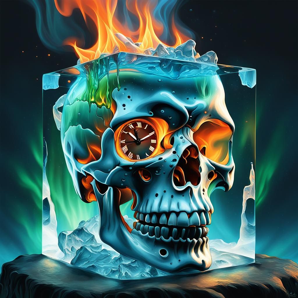 Flaming Skull in Ice Under Aurora, Digital Art