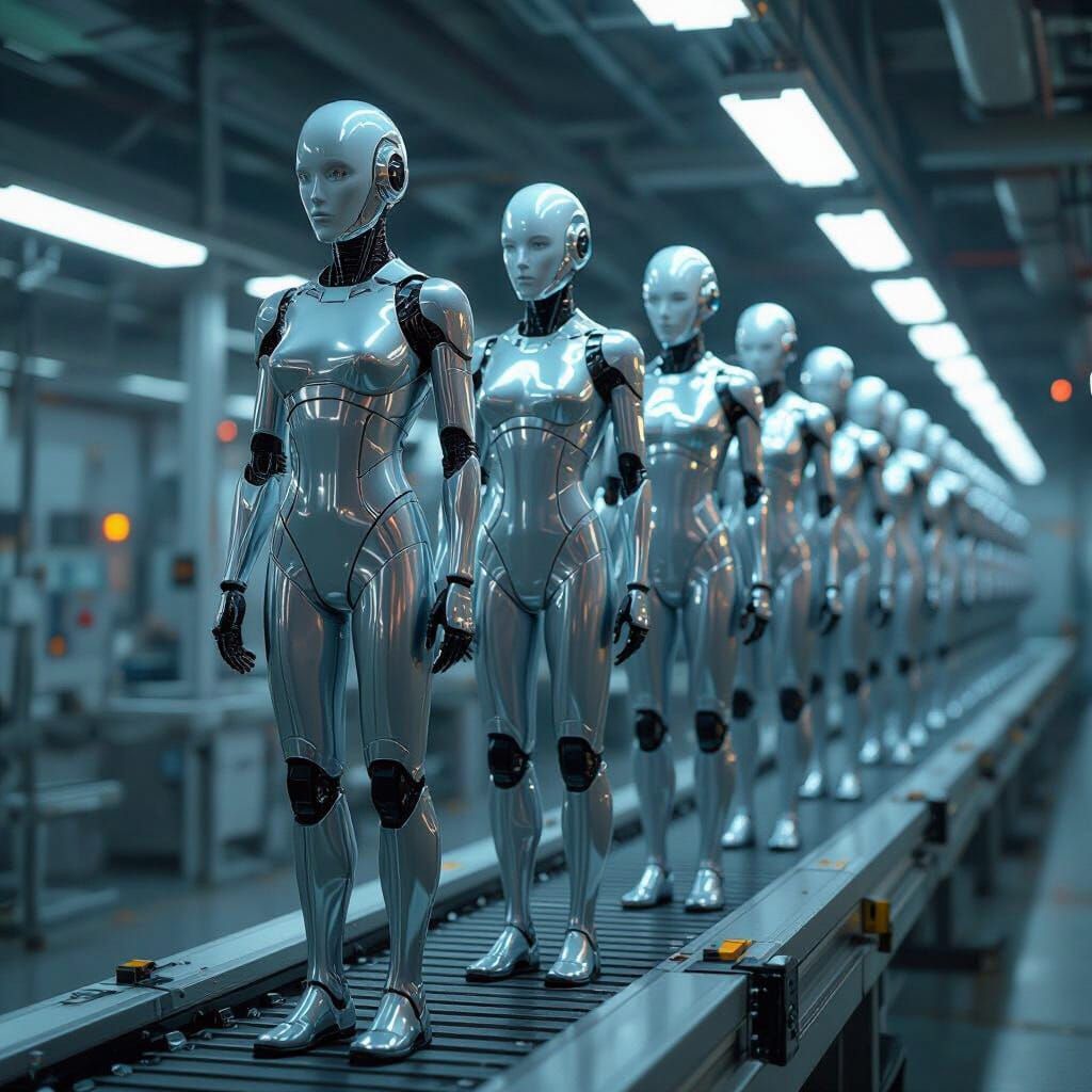 Futuristic Humanoids on Manufacturing Line in Cyberpunk Styl...