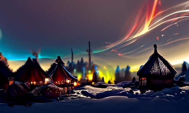 Aurora Borealis Over Norse Village: Digital Art