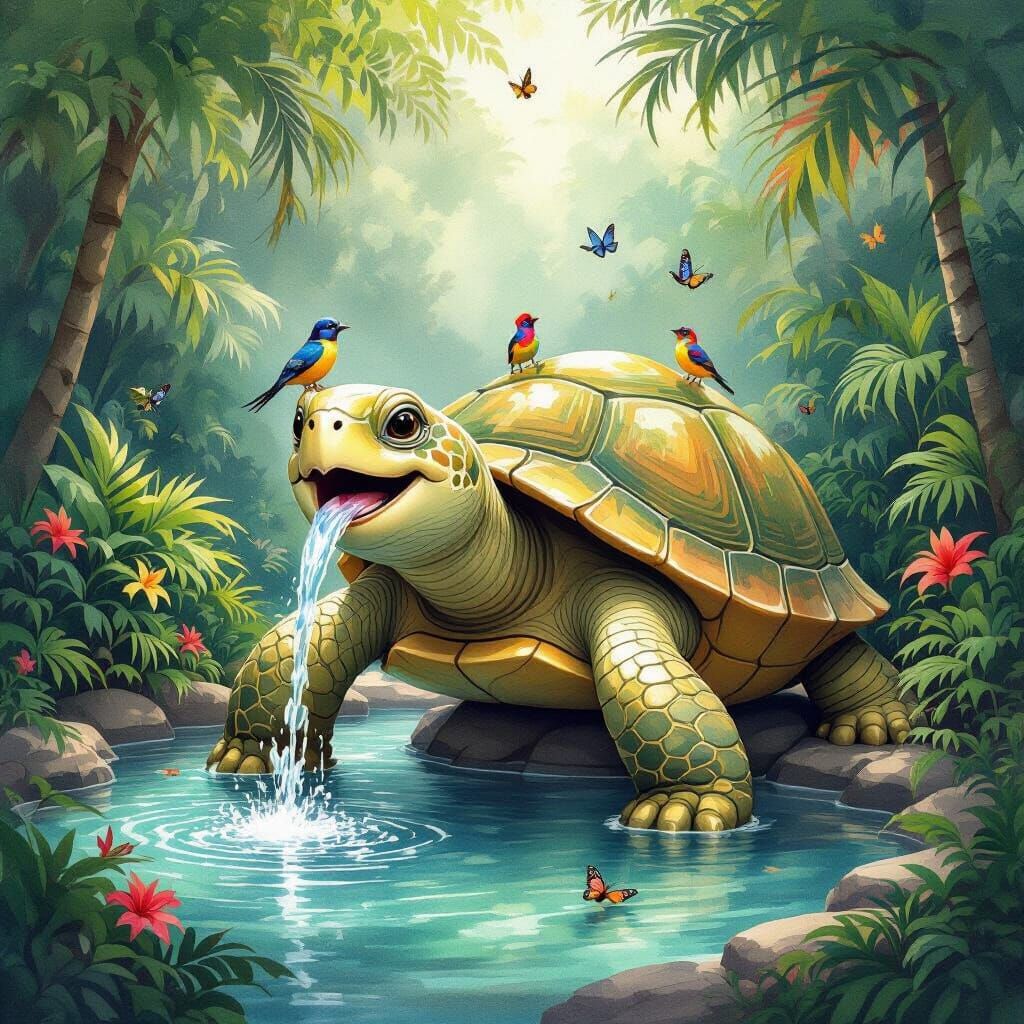 Turtle Fountain in Tropical Rainforest, Watercolor Style