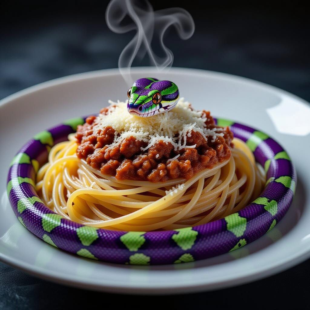 Surreal Spaghetti Bolognese with Python in Hyperrealistic St...