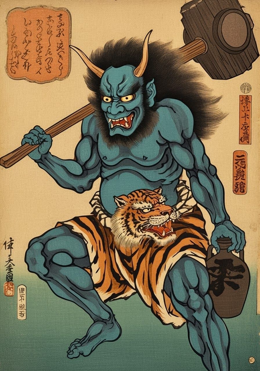 Ukiyo-e Blue Oni with Maul and Sake