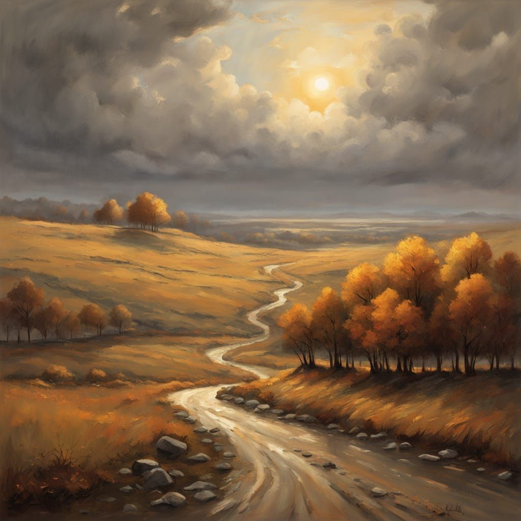 Serene Autumn Landscape Painting with Dramatic Light