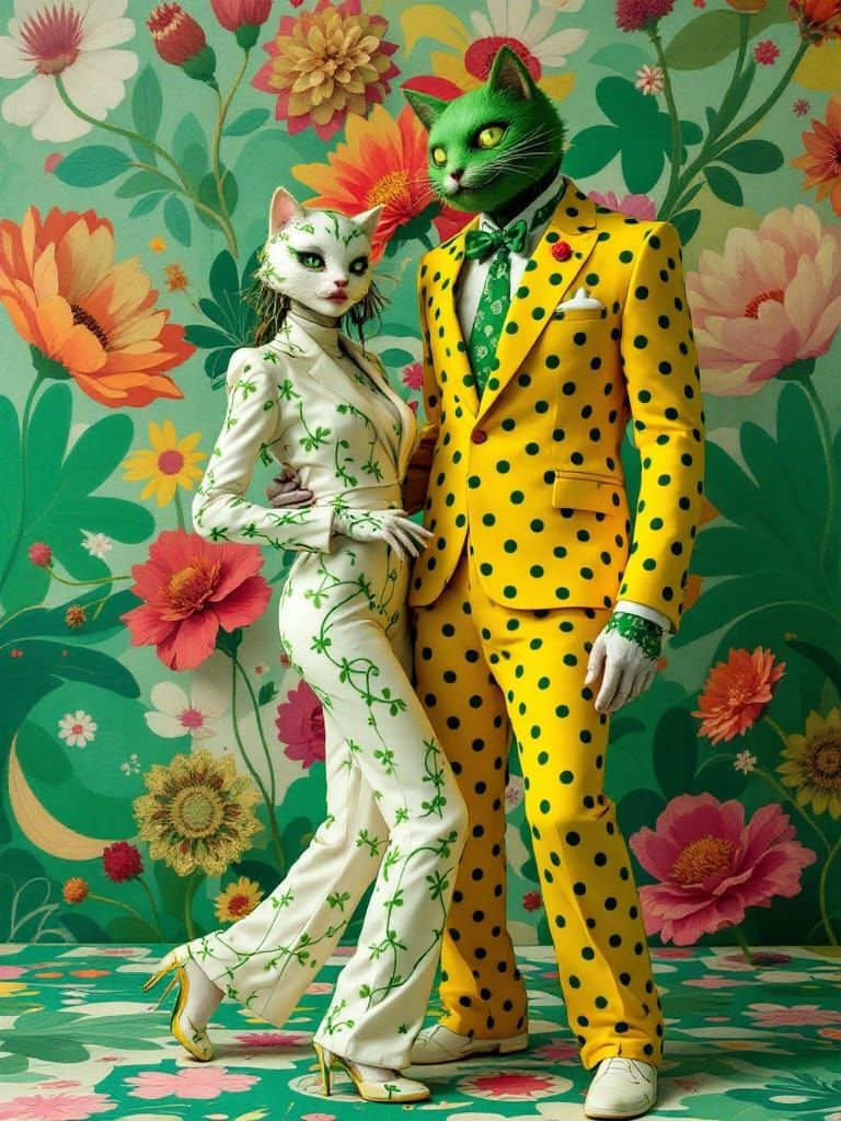 Vibrant Whimsy in Floral Patterns and Feline Delights