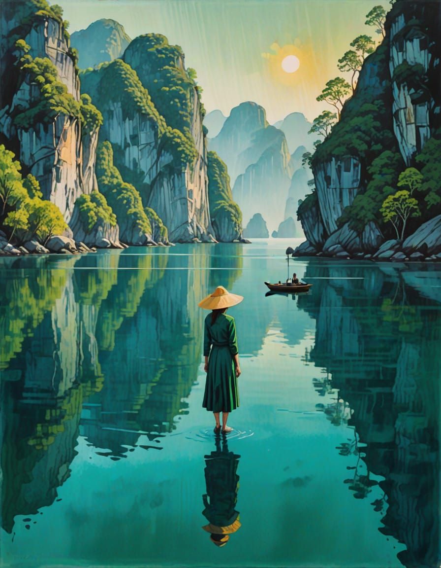 Ha Long Bay at Dawn, in Vibrant Watercolor