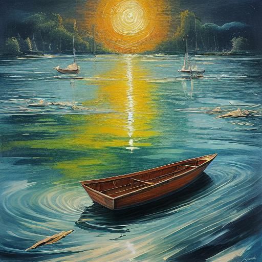 Art Deco Fisherman at Lake with Cubist Water Ripples