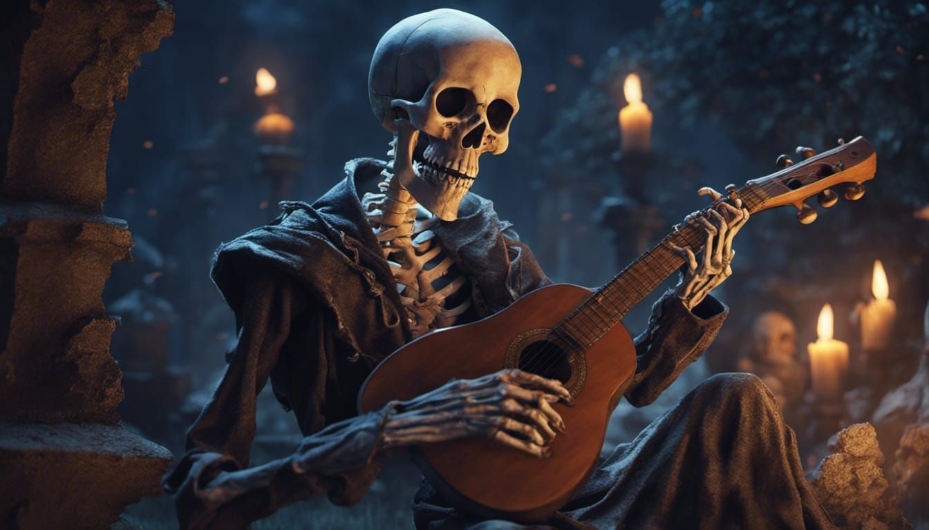 Skeleton Bard's Graveyard Serenade: Fantasy Concept Art