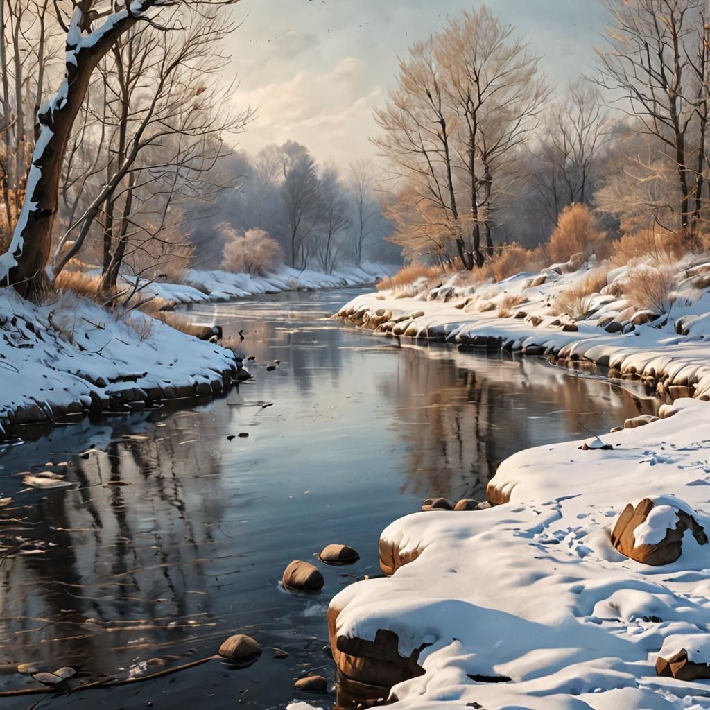 Winter River Landscape in Photorealistic Watercolor Style
