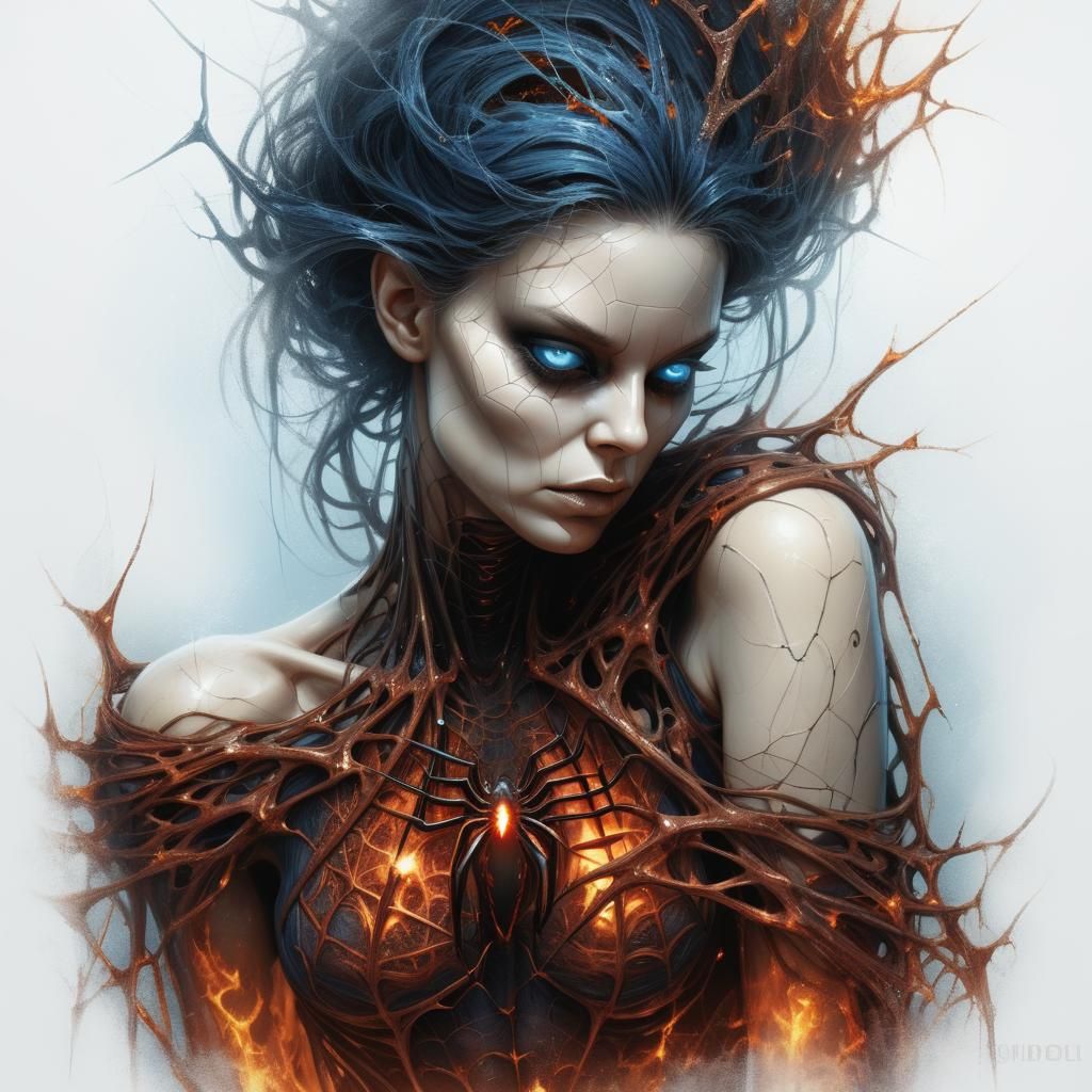 Body made of spiderwebs. Eyes made of fire. Blue Electricity...