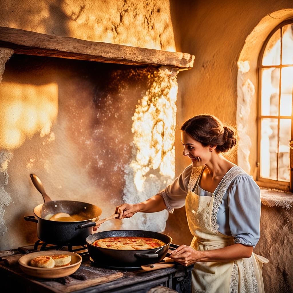 Italian Woman Cooking Soffritto: Renaissance-Style Digital A...