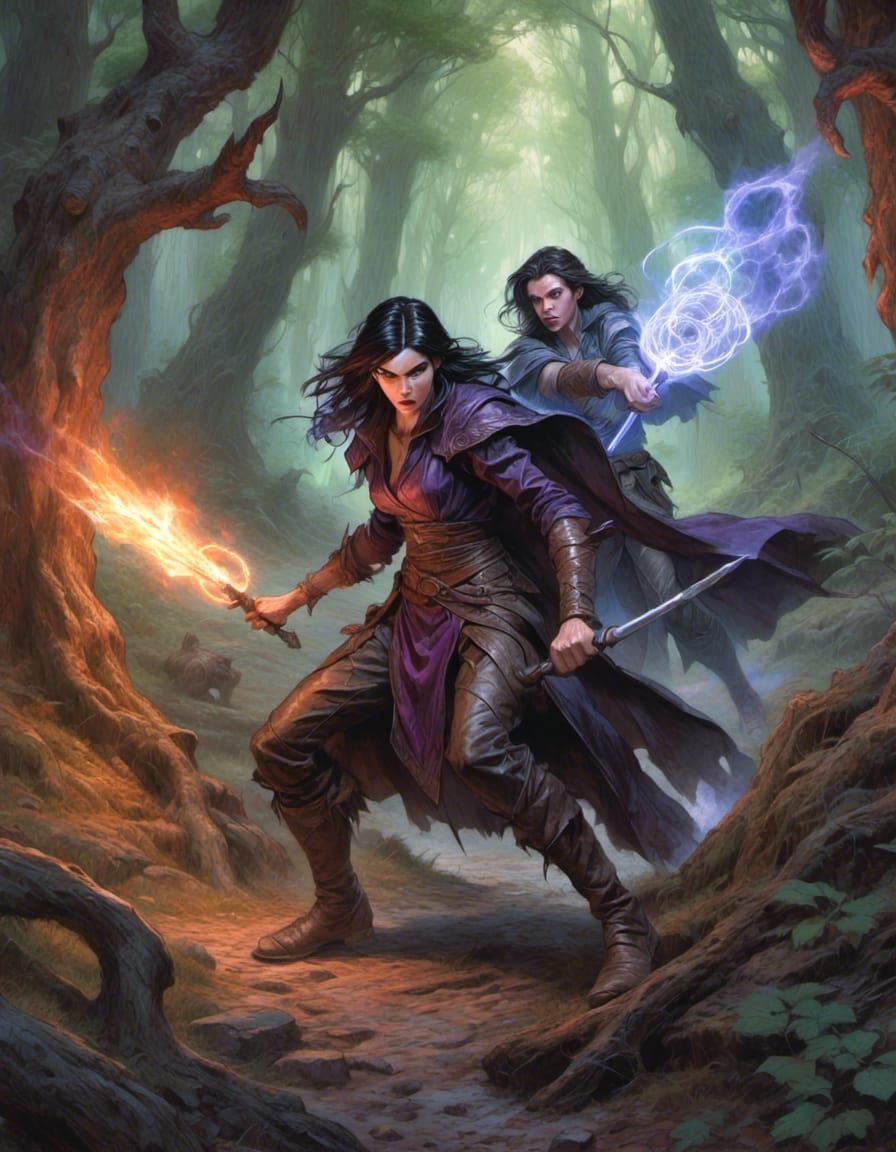 Wizard and Illusionist Duel Demonic Elf in Forest