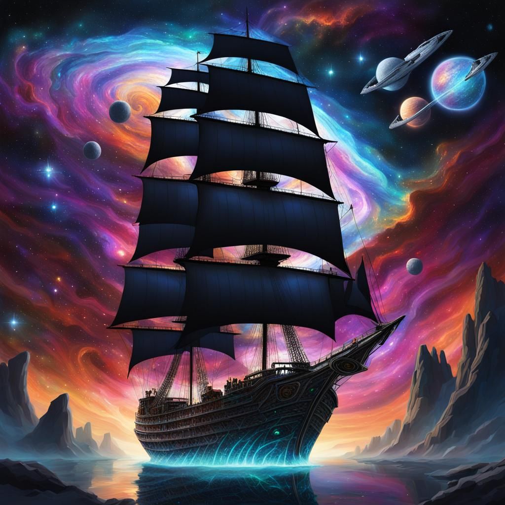 Spectral Pirate Ship Glides Through Nebula Stream